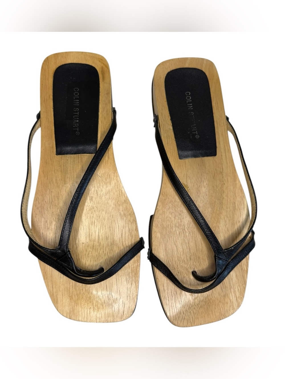 Vintage Colin Stuart black leather thong sandals wooden sole Size 9